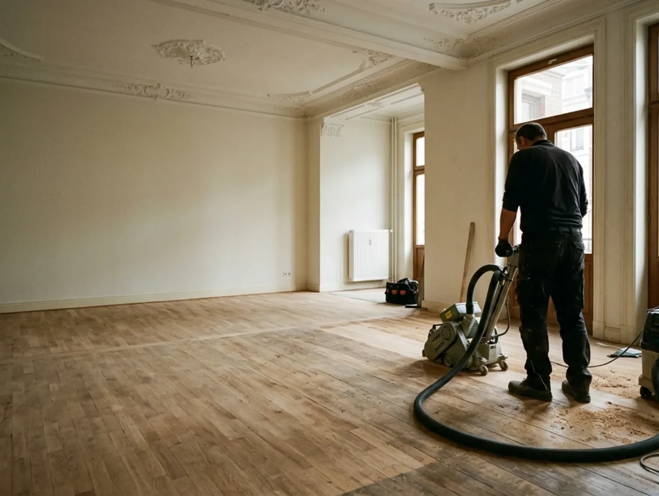 Parkettschleifer arbeitet mit Schleifmaschine auf Holzboden
